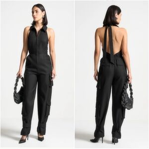 Maniere De Voir Tailored Halterneck Cargo Jumpsuit Black